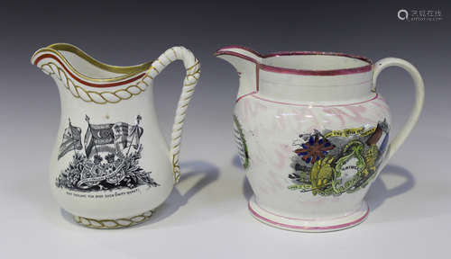 A Sunderland lustre Crimean War commemorative jug, circa 1855, black printed and enamelled, one side