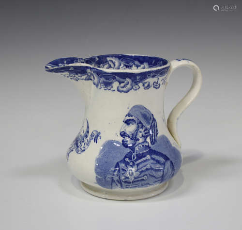 A rare pearlware Crimean War commemorative jug, circa 1855, blue printed with portraits of the