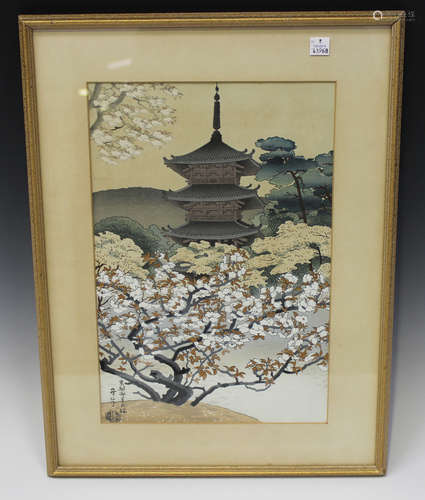 Benji Asada (1899-1984) - a Japanese woodblock print, 20th century, depicting the pagoda at