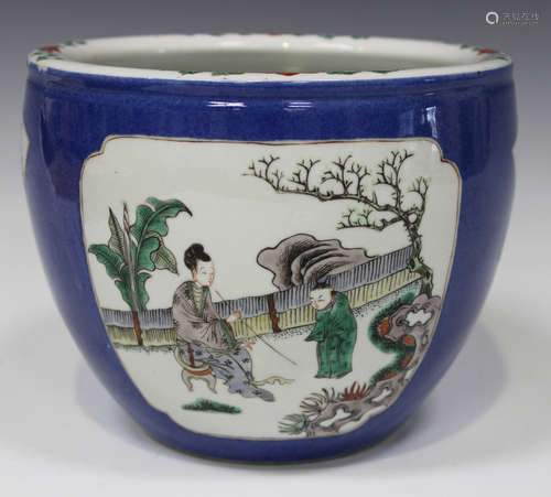 A Chinese famille verte powder blue ground porcelain jardinière, late 19th/early 20th century, of