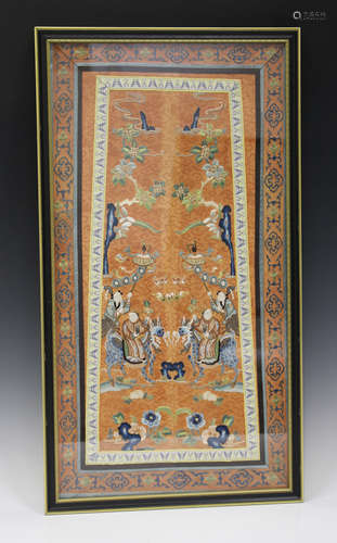 A pair of Chinese silk embroidered sleeve panels, late Qing dynasty, joined as one and worked in