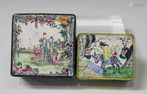 A Chinese Canton enamel box and cover, 19th century, of square form, the top painted with a scene of