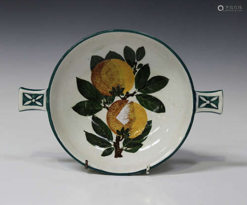 A Wemyss low quaich dessert dish, circa 1900, of circular shape with flat rectangular handles,