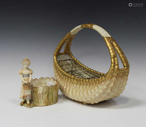 A Royal Worcester blush ivory porcelain wicker basket, circa 1917, with overhead handle and gilded