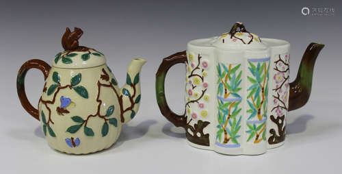 Two Minton pottery Aesthetic teapots and covers, circa 1872, the first of gourd shape, relief