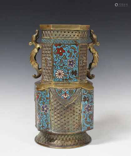 A Chinese polished bronze and cloisonné vase, late Qing dynasty, the octagonal neck decorated with