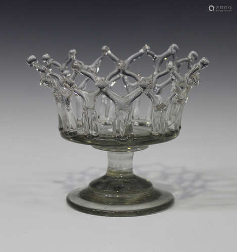 An unusual cagework glass basket, first half 19th century, the pulled lampwork sides of flared