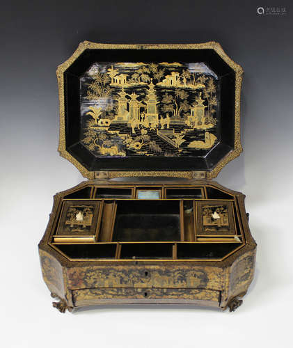 A Chinese Canton export lacquer work box, early 19th century, the domed lid and sides decorated in