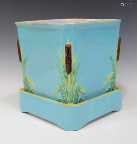 A Minton majolica bulrush embossed garden planter and stand, circa 1864, of square section,