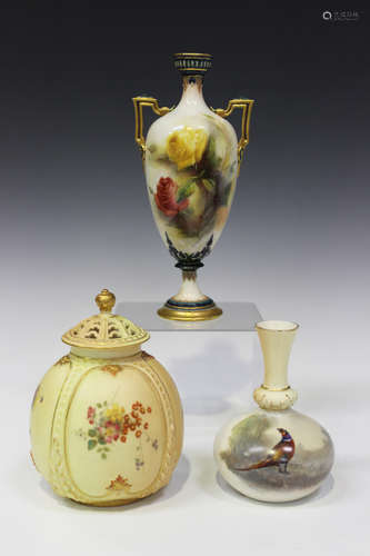 A Royal Worcester porcelain vase, circa 1905, painted by James Stinton, signed, with a cock pheasant