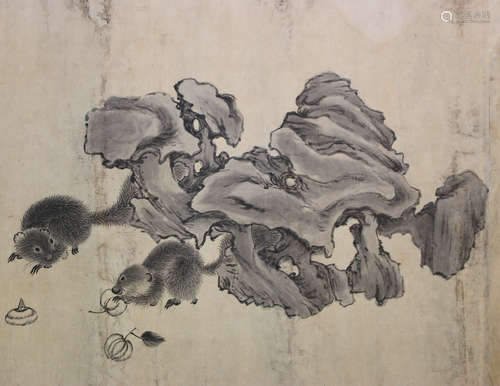 A Chinese hand scroll, Qing dynasty, painted in monochrome with three squirrels amidst a