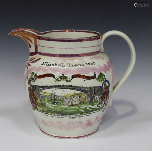 A 'Sunderland Coal Trade' commemorative lustre jug, dated 1833, printed and coloured to one side