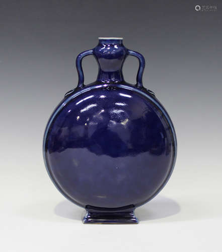 A Chinese blue monochrome glazed porcelain moonflask, mark of Qianlong but possibly Republic period,