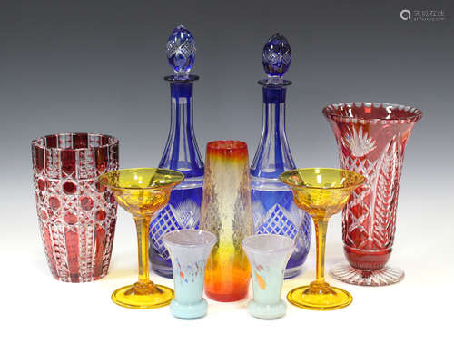 A group of 20th century glassware, including a pair of Bohemian blue flash overlay cut decanters and