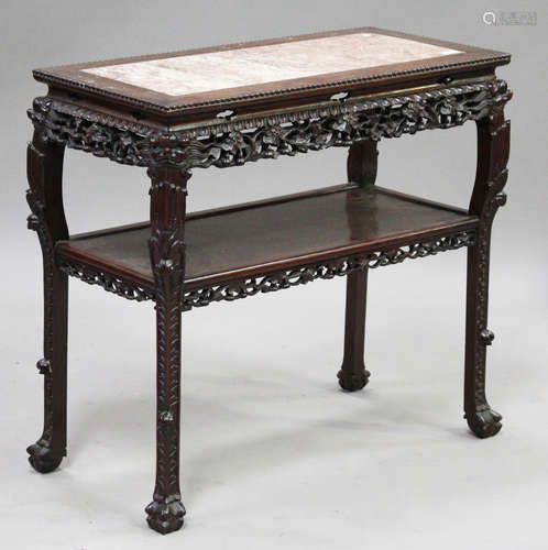 A Chinese hardwood side table, late Qing dynasty, the rectangular top inset with a rouge marble