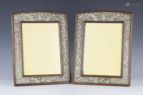 A pair of Chinese hardwood and jade photograph frames, early 20th century, each of slightly arched