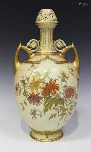 A Royal Worcester porcelain Persian style blush ivory ground vase, circa 1893, the ovoid body