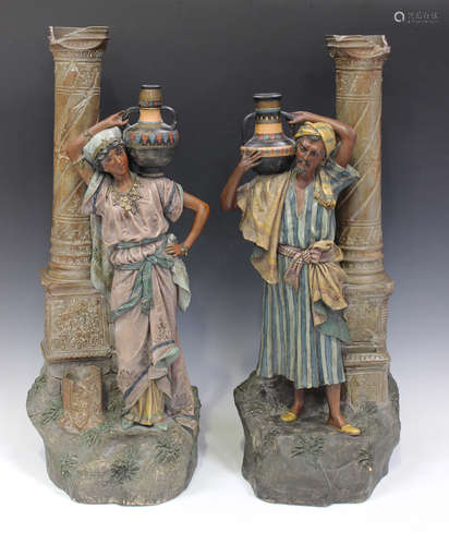 A large pair of Johann Maresch Austrian terracotta pottery figures, circa 1900, modelled as an