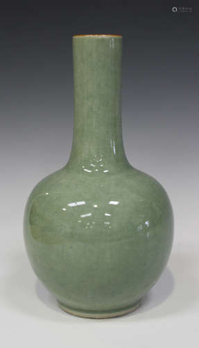 A Chinese celadon glazed bottle vase, late Qing dynasty, of globular form with narrow neck,