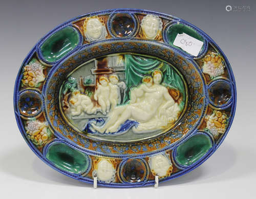 A Minton type majolica pottery oval dish, after Palissy, late 19th century, relief moulded to the