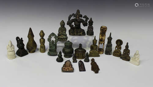 A collection of South Asian metalwork, including two Burmese bronze opium weights, height 7cm and