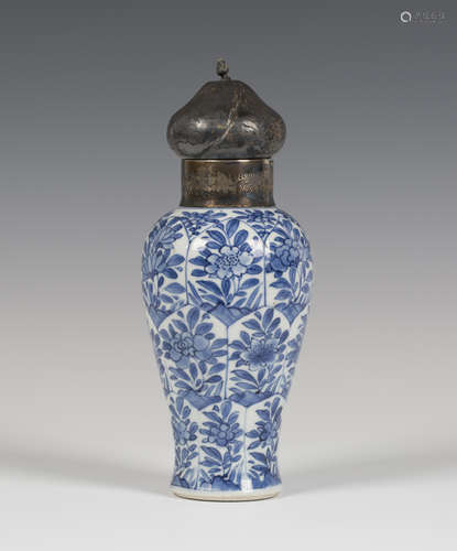 A Chinese blue and white export porcelain vase, Kangxi period, with later Dutch silver collar and