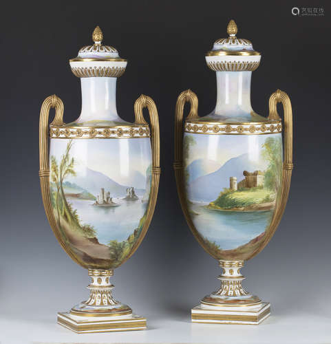 A large pair of Coalport porcelain two-handled vases and covers, 1860s, the U-shaped bodies each