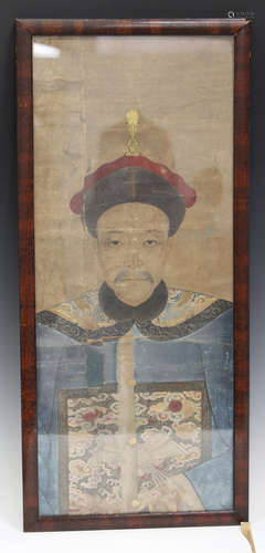 Two Chinese watercolour on paper ancestor paintings, Qing dynasty, one depicting a half-length