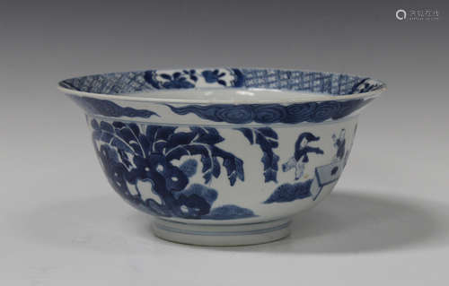 A Chinese blue and white porcelain circular bowl with flared rim, mark of Chenghua but Kangxi