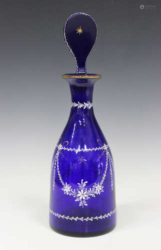 A Bristol blue glass decanter and stopper, early 20th century in Georgian style, of mallet shape,