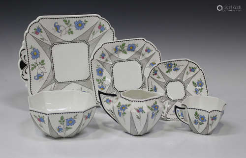 An Art Deco Shelley Queen Anne shape Cornflower pattern tea service, comprising two cake plates,