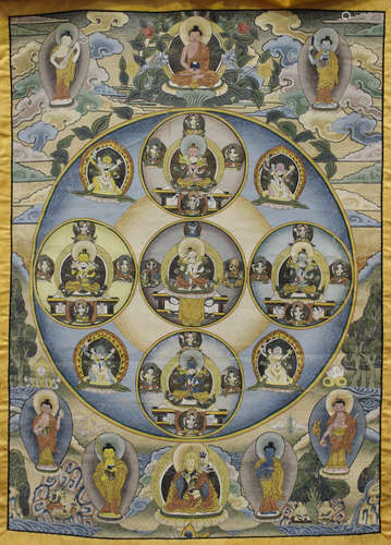 A Tibetan Thangka, 20th century, decorated with a central circular panel filled with smaller