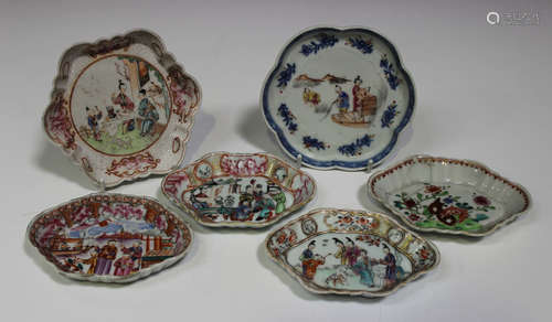 A group of six Chinese export porcelain spoon trays, Qianlong period, four of lobed diamond shape,