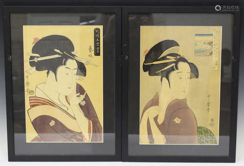 After Kitagawa Utamaro - three Japanese polychrome prints depicting head and shoulders portraits