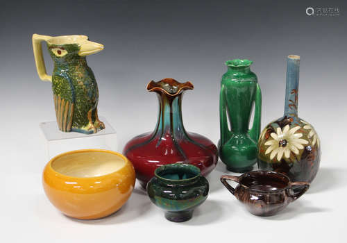 A mixed group of art pottery, late 19th and 20th century, including a Bretby mustard glazed bowl,