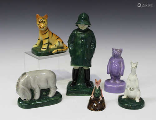 A rare set of six Winnie the Pooh pottery figures, probably Fulham pottery, 1930s, comprising