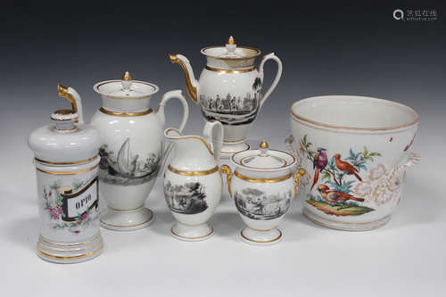 A Paris porcelain part service, circa 1830-40, white glazed, printed in black with figures in