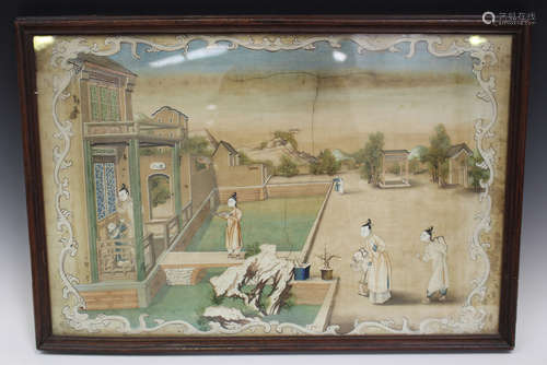 A Chinese gouache export painting on paper, late 18th century, depicting ladies and children on a