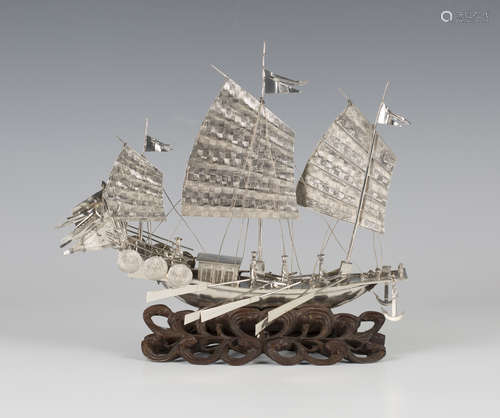 A Chinese silver model of a gunboat by Wang Hing, early 20th century, modelled with three-masted