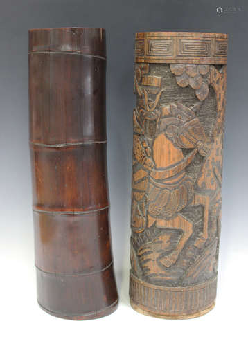 A Chinese bamboo brushpot, late Qing dynasty, incised with a pine tree, height 44cm, together with a