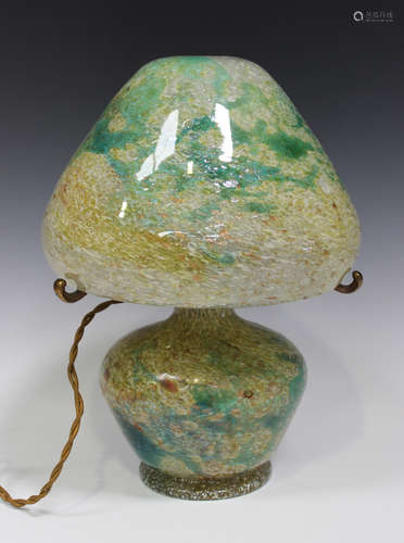 A Monart Glass pedestal base lamp and shade, 1930s, shape P29 with pre-war bronze fitting,