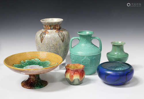 A group of decorative mostly Art Deco pottery, late 19th and 20th century, including a majolica