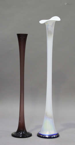 A tall iridescent art glass floor vase, 20th century, of slender Jack in the Pulpit style, the