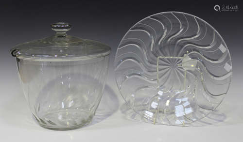 An Art Deco cut glass punch bowl and cover of U-shape, cut with radiating vertical lines above a