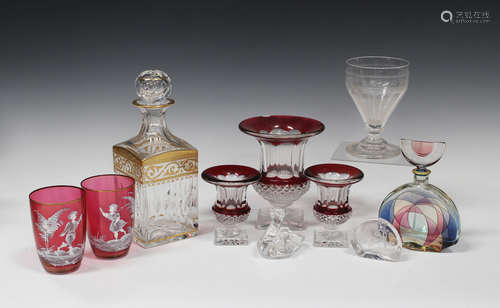 A small group of glassware, 19th century and 20th century, including a St. Louis gilded decanter and