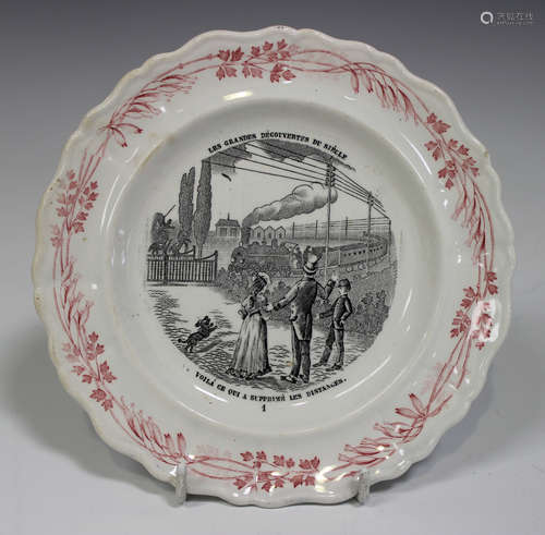 A Creil et Montereau French pottery steam train commemorative plate, late 19th century, printed in