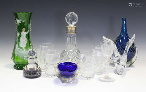 A group of glassware, 20th century, including a silver mounted cut glass decanter and stopper,