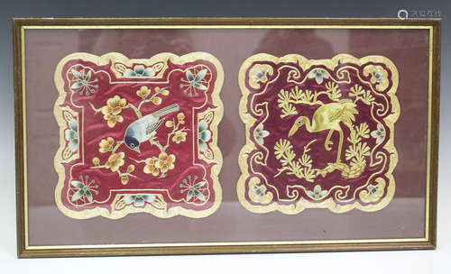 Two pairs of Chinese burgundy silk embroidered panels, 20th century, one pair of octagonal