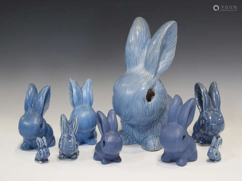 A large blue glazed Sylvac rabbit, No. 1028, height 24.5cm, together with eight further Sylvac and