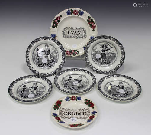 Two Rogers pearlware name nursery plates, 1830s, the larger example printed in black 'Evan', the